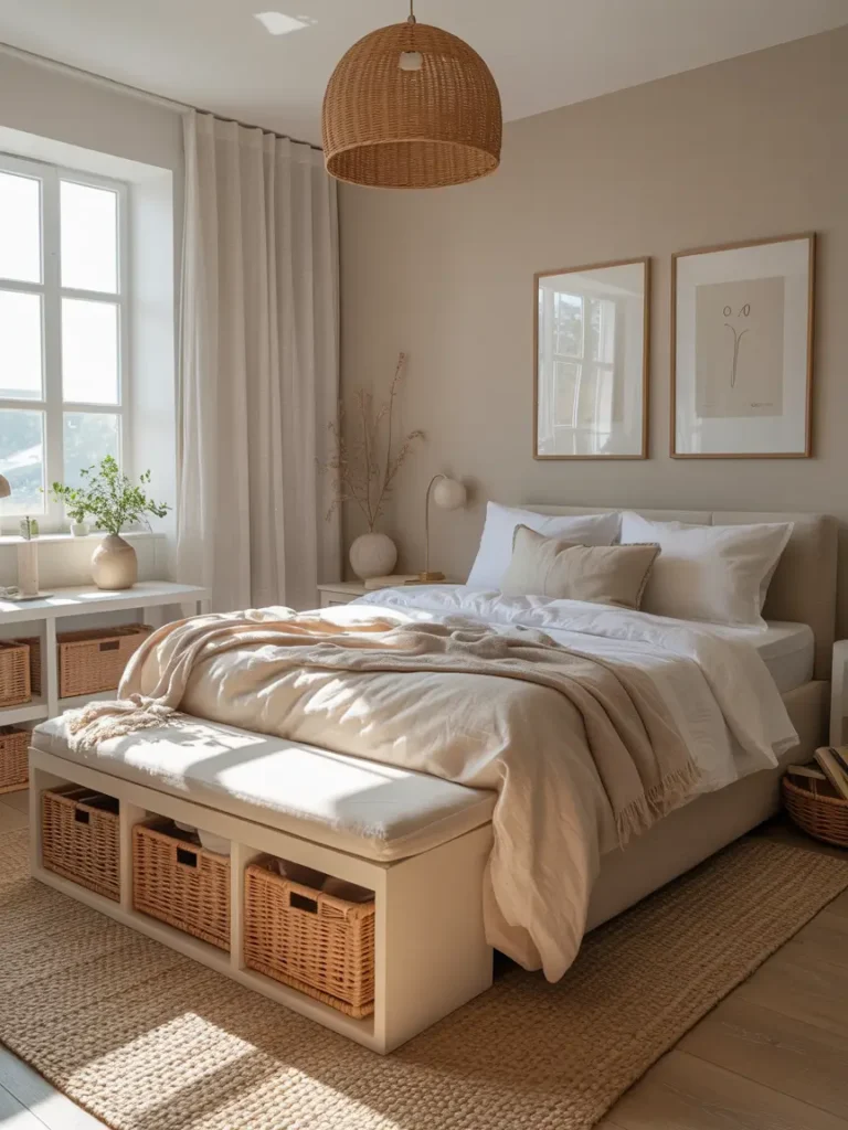 Cozy studio apartment with a cream storage bench near a linen bed, soft under-bed drawers, beige woven baskets tucked neatly under furniture, warm white bedding, minimal wall art, gentle daylight, calm neutral palette, clean feminine room with no visible clutter.