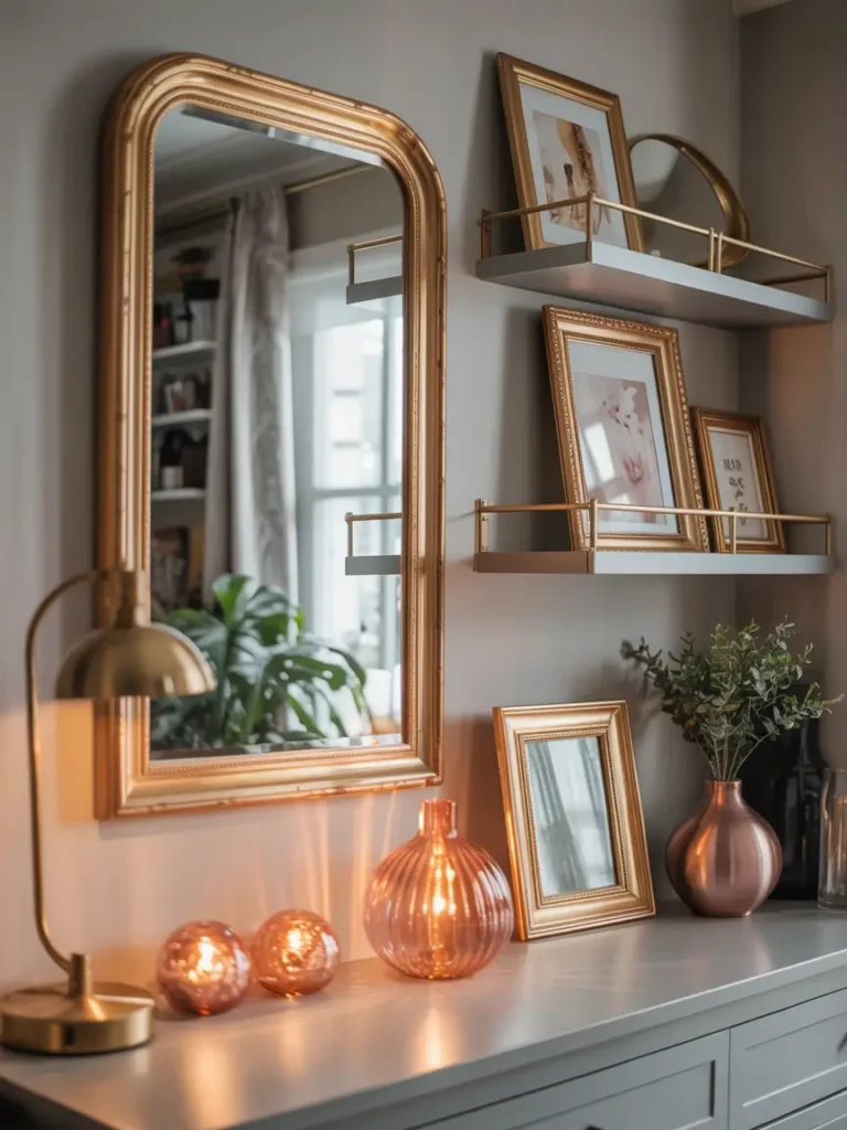 Subtle metallic accents like a gold-framed mirror, silver lamp bases, and brass picture frames placed around the room, bringing a soft elegance without overpowering the space.