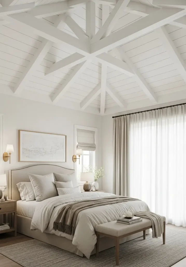 Bright small bedroom with vaulted ceiling and painted white beams, soft white walls, beige linen bed, natural wood bench, cream textured rug, sheer curtains, warm bedside sconces, minimal feminine decor, clean modern cottage feeling, soft daylight, realistic interior photography.