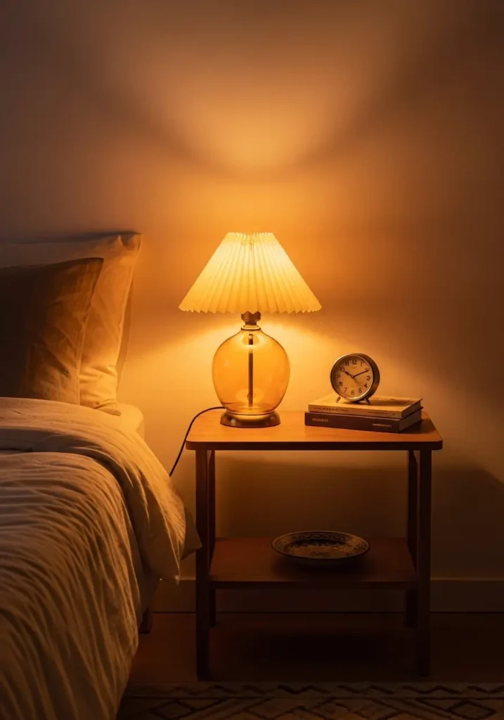 Minimal retro apartment bedroom corner with amber glass table lamp glowing softly, cream bedding, warm wooden nightstand, small vintage clock, simple framed wall print, soft shadows, cozy feminine vintage atmosphere.