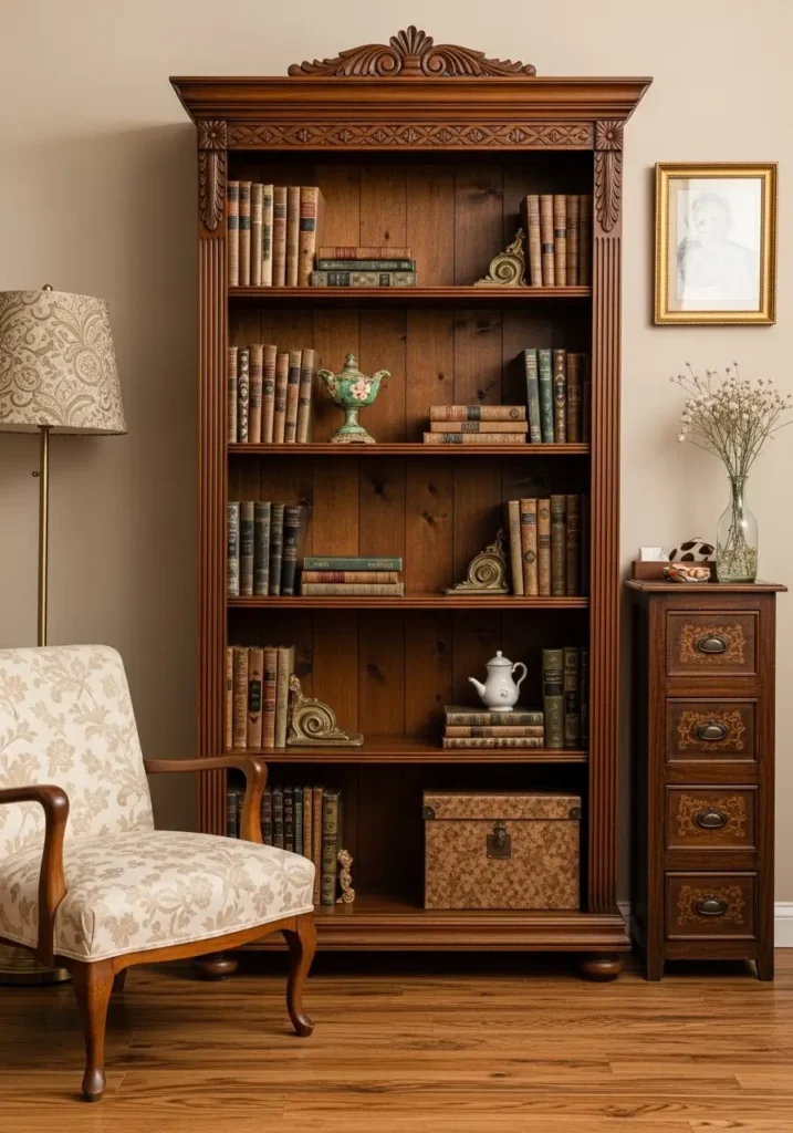 An elegant wooden bookshelf stacked with vintage books, placed beside a comfortable reading chair by the window.