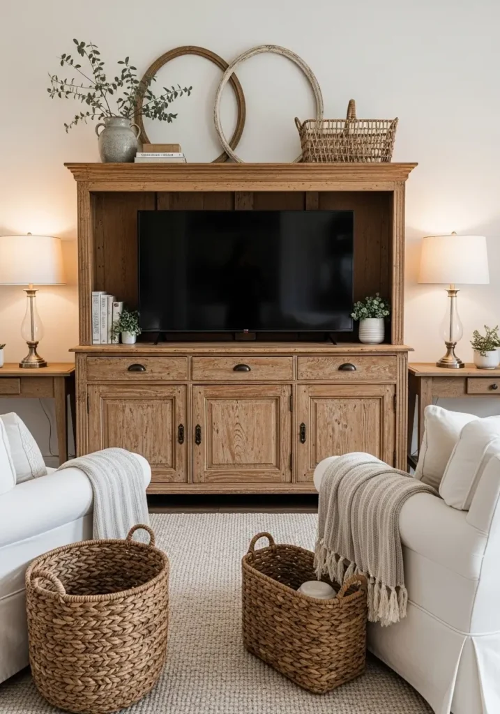 Cozy farmhouse living room with antique wooden cabinet holding television, soft cream armchairs, vintage decor styling, rustic oak flooring, woven baskets, warm table lamps, airy neutral curtains, realistic country interior photography, layered textures, calm beige tones, elegant farmhouse atmosphere, clean uncluttered space, soft natural light, cozy family room feeling, distressed wood furniture, peaceful rustic charm

