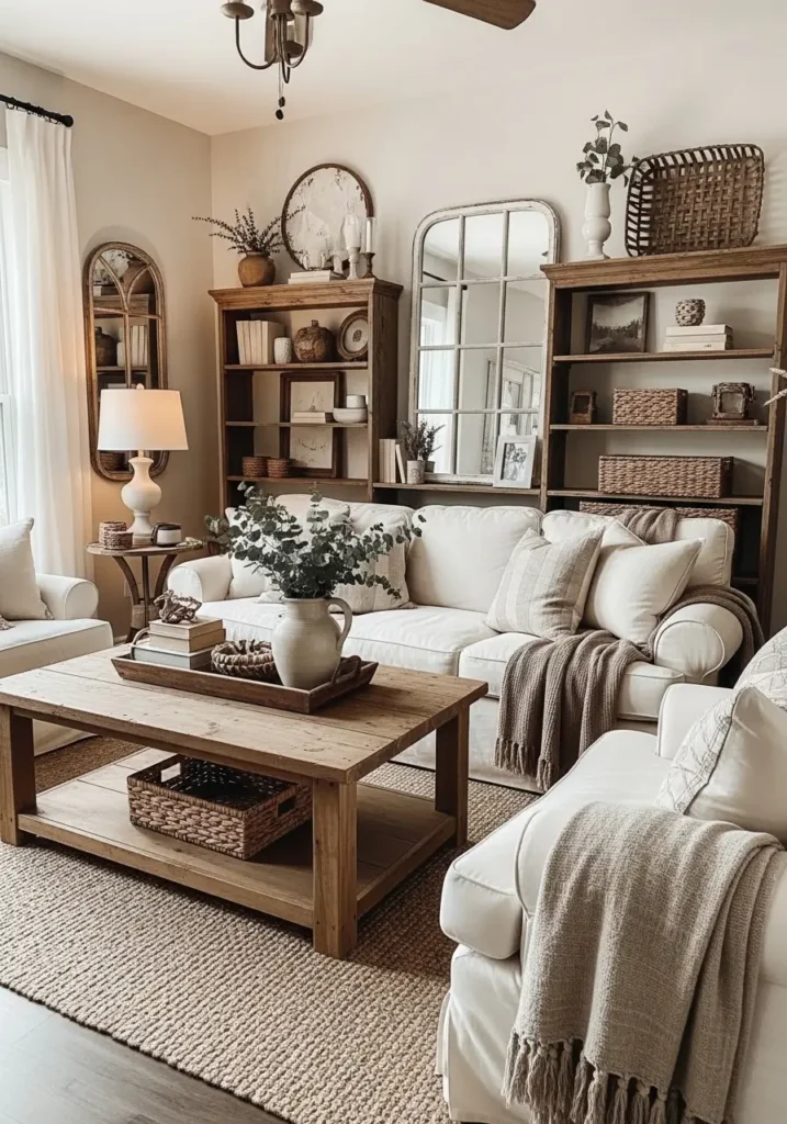 Cozy rustic farmhouse living room with antique decor pieces, distressed wood furniture, soft ivory sofa, vintage mirrors, warm lamp lighting, layered neutral fabrics, aged wooden shelves, woven baskets, rustic coffee table, soft earthy tones, feminine farmhouse style, realistic cozy interior photography, calm welcoming atmosphere, minimal rustic decor, natural textures, airy farmhouse layout, comfortable and peaceful mood
