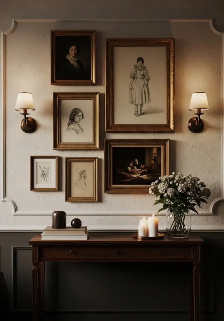 Dark academia apartment wall with antique gold frames, vintage sketches and paintings, warm wall sconces, cream textured walls, dark wood console table, candlelight reflections, minimal elegant styling, cozy feminine apartment decor, warm moody atmosphere, realistic vintage textures, old European inspired apartment corner, layered artwork arrangement with soft ambient lighting


