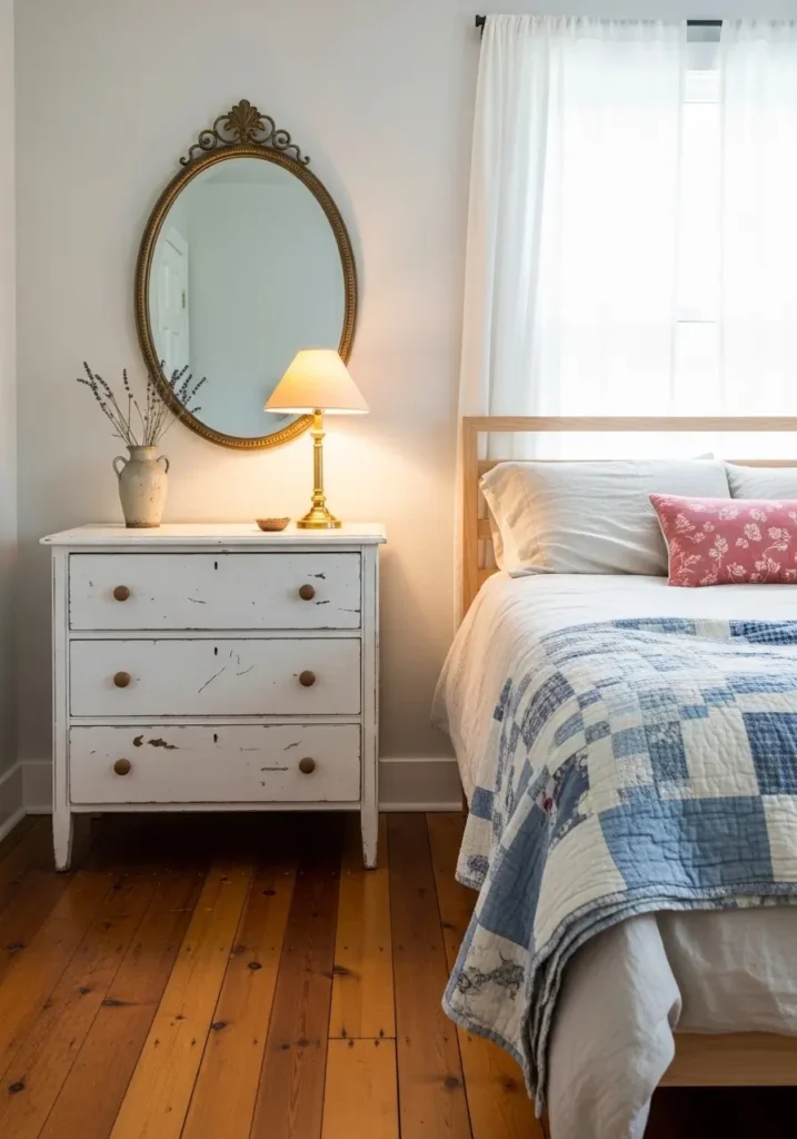 Clean minimal vintage country bedroom with antique oval mirror above a small dresser, cream bedding, faded blue quilt, warm wooden floor, brass lamp, simple white curtains, soft red floral pillow, cozy Americana charm, airy feminine styling.