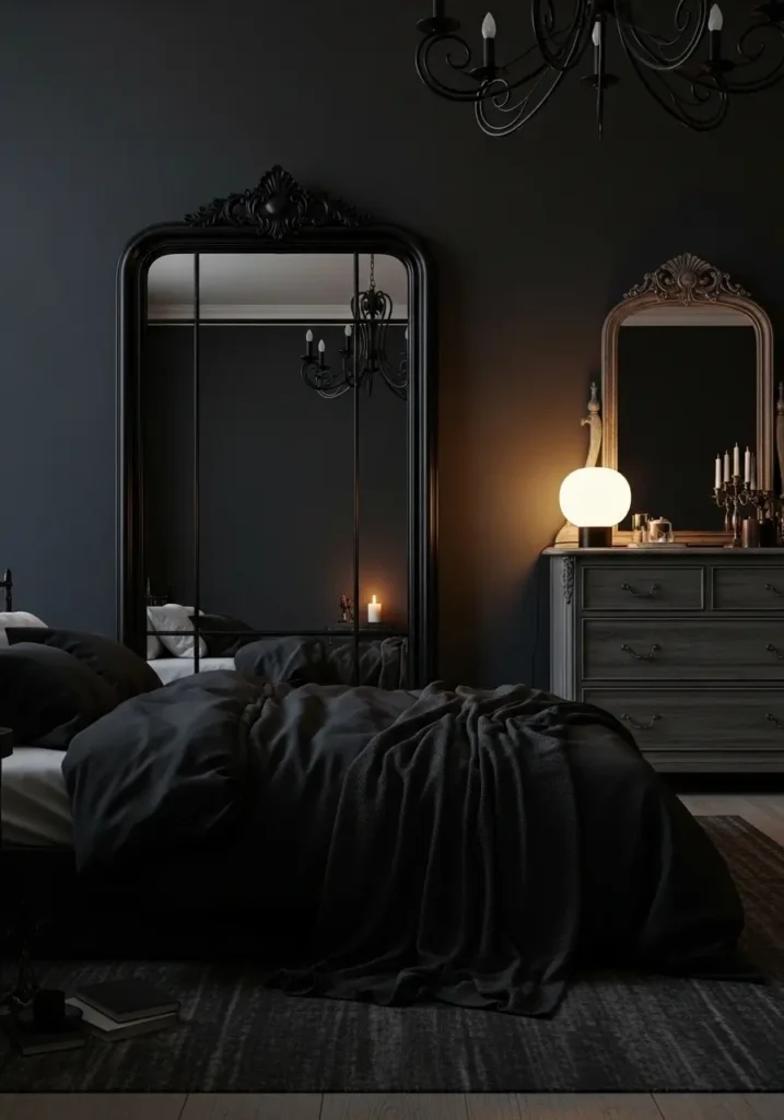 Minimal romantic goth bedroom with antique black mirror, soft candle reflection, charcoal walls, dark bedding, vintage dresser, warm lamp glow, clean cozy styling, feminine gothic atmosphere, realistic interior textures, intimate couple bedroom design with elegant shadows

