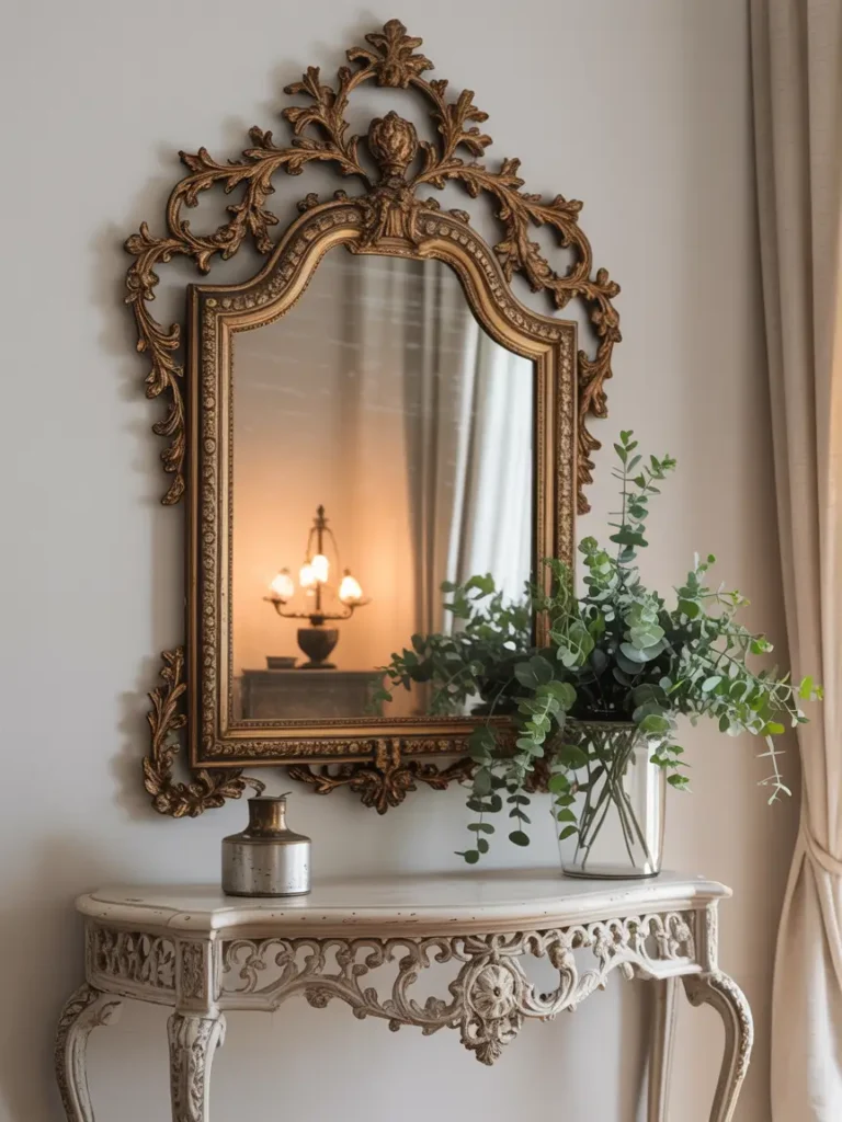 A vintage, ornate mirror with a gilded frame hanging above a delicate console table, reflecting soft, ambient lighting.