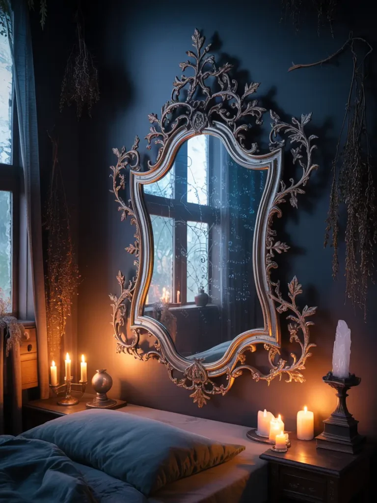 Vintage-style mirrors with ornate black or gold frames, positioned against a plain wall, reflecting the soft lighting of the room to create a sense of space and mystery.