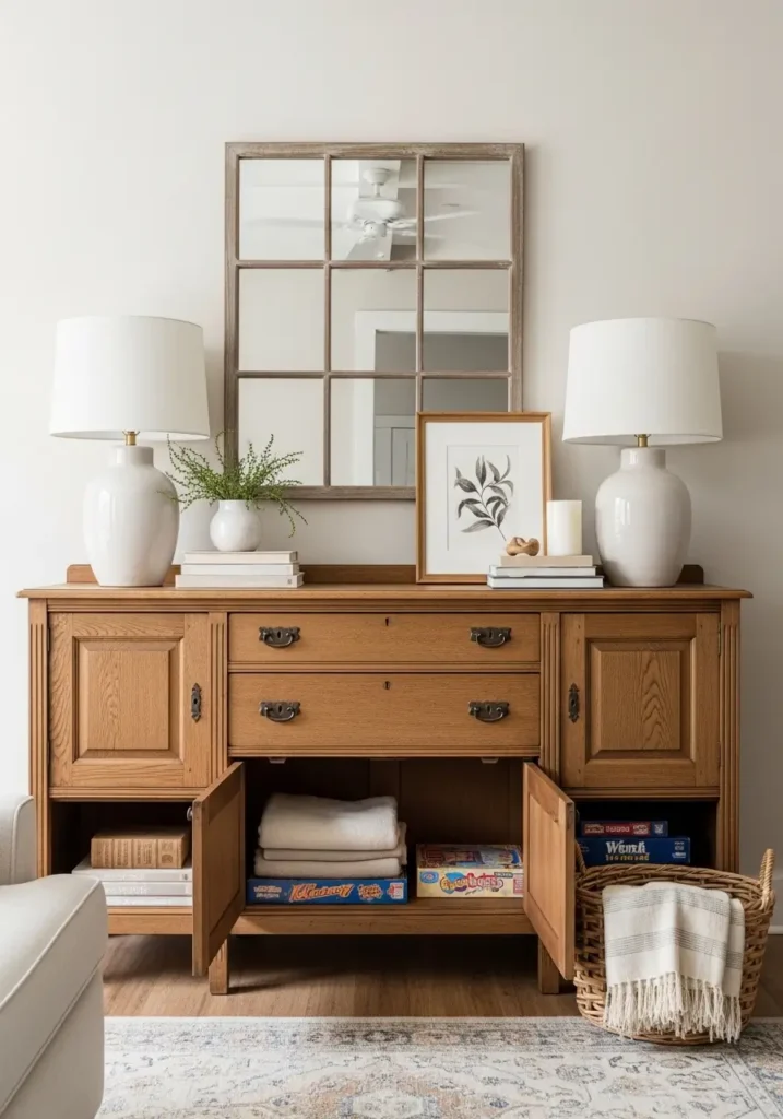 Elegant farmhouse living room with antique wood sideboard against warm white wall, aged brass handles, ceramic vases, framed rustic artwork, woven baskets below, soft linen curtains, natural sunlight pouring through windows, warm neutral palette, minimal cozy decor, realistic interior photography, feminine farmhouse atmosphere, layered rustic textures, clean uncluttered layout, light oak flooring, vintage-inspired styling, calm welcoming mood

