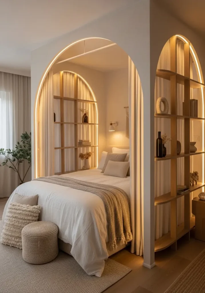 Elegant studio apartment featuring soft arched divider frame around bedroom area, creamy neutral decor, warm textured bedding, beige curtains, minimal feminine apartment styling, glowing warm lamps, modern cozy couple apartment, soft natural daylight, Scandinavian-inspired design, realistic luxury apartment photography, light oak flooring, peaceful atmosphere, airy uncluttered studio layout, romantic cozy mood with soft curved architectural details

