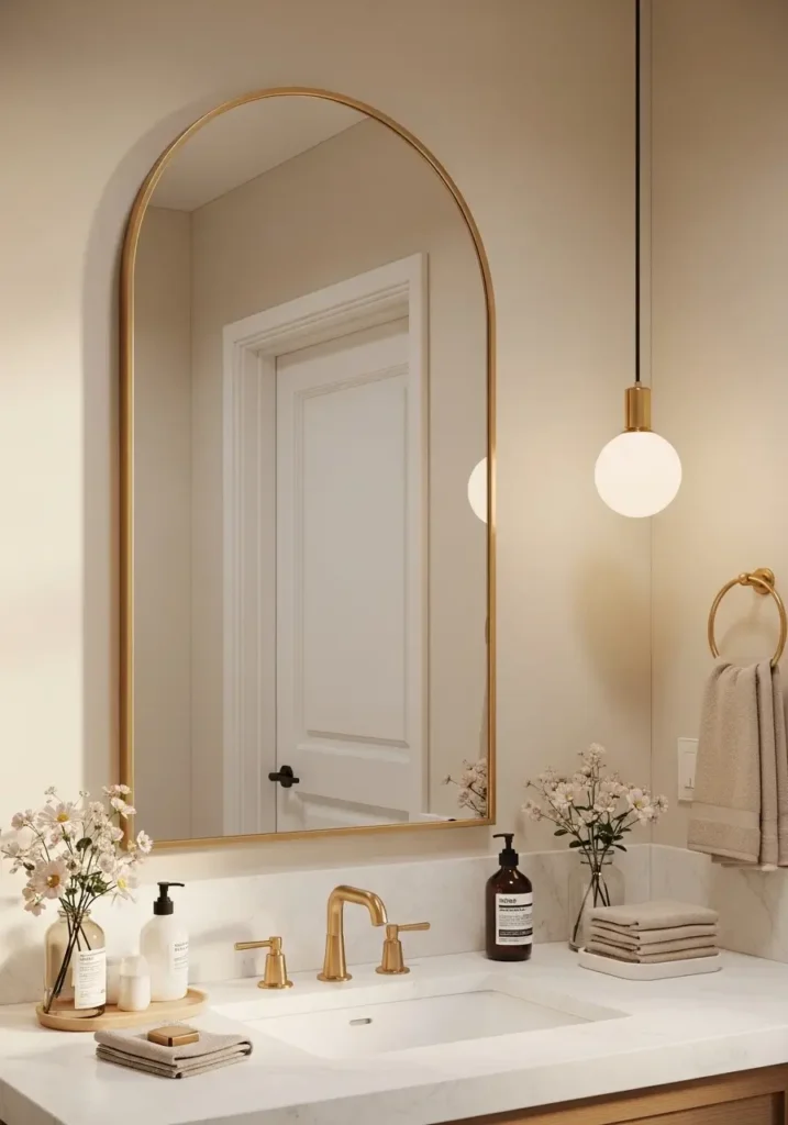 Minimal bathroom with tall arched mirror above white vanity, warm beige walls, soft pendant lighting, creamy towels, tiny ceramic vase with white flowers, subtle gold accents, clean modern styling, cozy feminine atmosphere, airy apartment bathroom aesthetic, realistic interior photography, calm neutral color palette, organized countertop, soft sunlight through sheer curtains, elegant and peaceful bathroom decor mood

