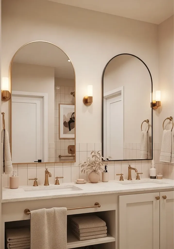 Minimal apartment bathroom featuring tall arched mirror with thin brass frame, creamy walls, soft white sink vanity, warm lighting reflections, neutral feminine decor, clean modern apartment styling, subtle beige hand towels, small ceramic accessories, cozy calming atmosphere, realistic interior photography, matte textures, uncluttered bathroom wall decor, natural daylight, elegant mirror focal point, soft luxury apartment bathroom aesthetic, minimal Scandinavian inspired interior with warm tones

