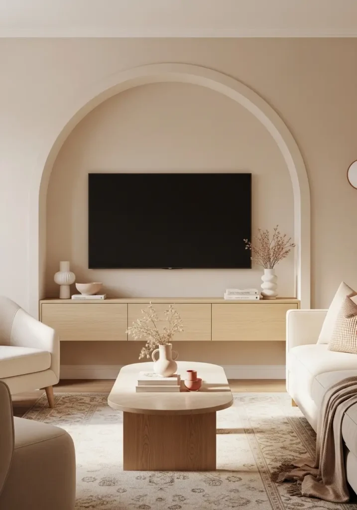 Modern apartment living room with soft arched painted TV wall detail, mounted TV centered inside the arch, warm beige tones, cream sofa, light oak floating console, curved coffee table, cozy rug, minimal feminine styling, natural sunlight, clean modern apartment decor, soft and elegant interior photography


