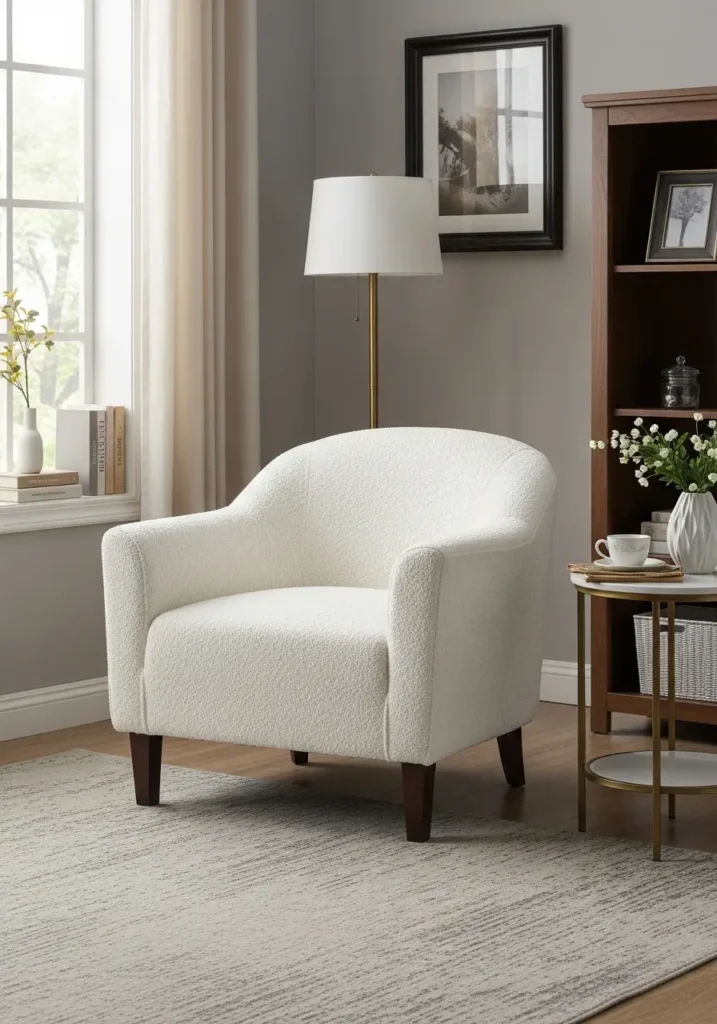 Clean feminine studio apartment corner with a soft armless accent chair in beige boucle fabric, small round side table, cream floor lamp, neutral rug, sheer curtains, pale wall art, warm natural light, minimal cozy reading nook, realistic interior photography.