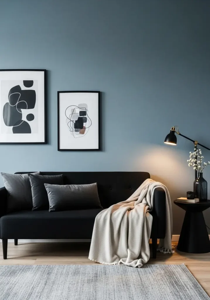 Minimal goth apartment living room with ash blue walls, black sofa, charcoal pillows, pale gray blanket, dark wood side table, warm brass lamp, simple abstract wall art, soft cream rug, clean layout, cozy feminine mood with muted gothic styling.