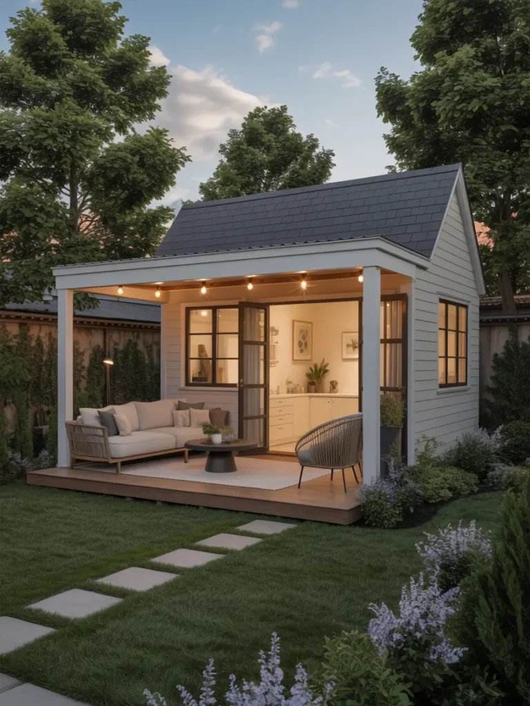 Elegant detached garage apartment designed as a backyard guest retreat, cozy patio lights, cream exterior walls, soft landscaping, modern guest suite vibe, compact outdoor lounge area, realistic photography, peaceful suburban setting, stylish tiny backyard architecture