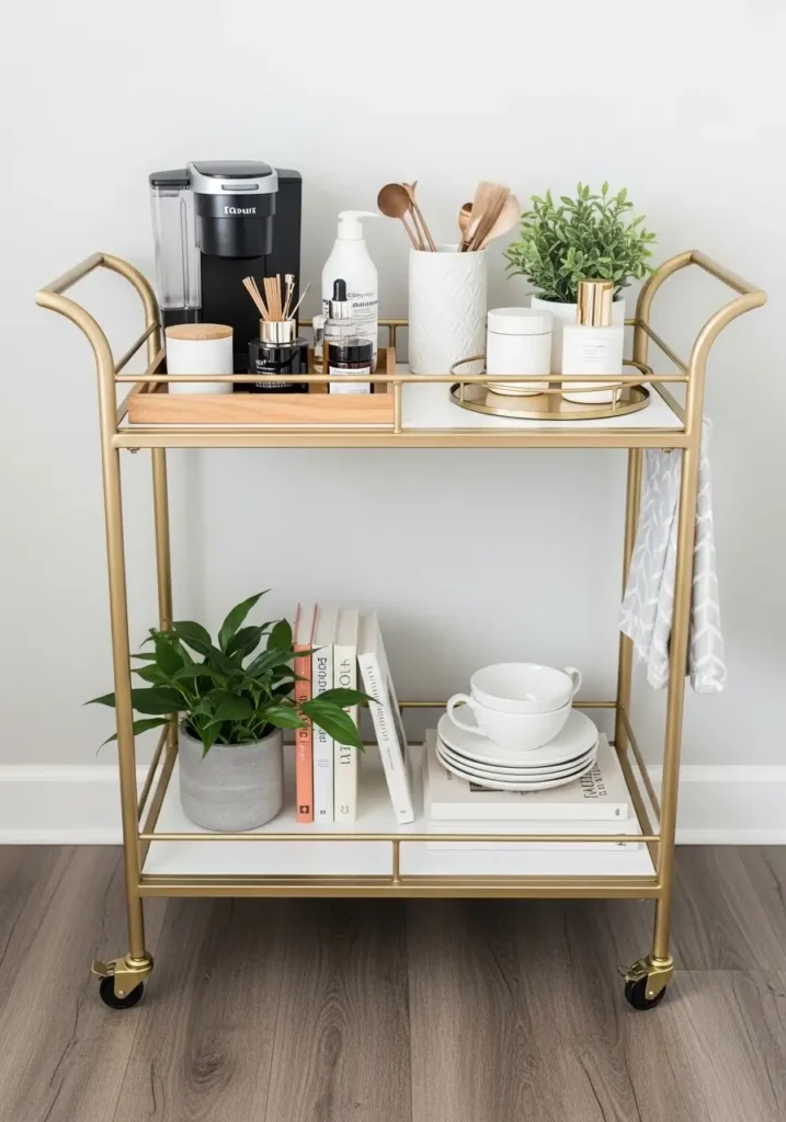 Minimal studio apartment corner with a slim gold and glass bar cart styled as a coffee station, white mugs, small plant, ceramic jars, beige wall, soft curtains, pale wood floor, clean feminine decor, warm natural light, cozy small space styling, realistic interior photo.