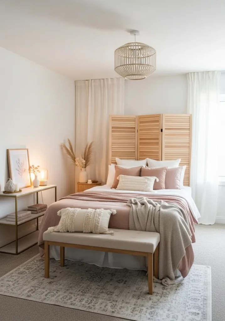 Loft apartment bedroom nook with a light divider, soft neutral bedding, feminine airy styling, sheer curtain partition, pale wood nightstand, cozy layered textures, tall ceilings, open loft layout, blush and cream color palette, calm new home bedroom corner, realistic interior photo with natural light and peaceful apartment mood