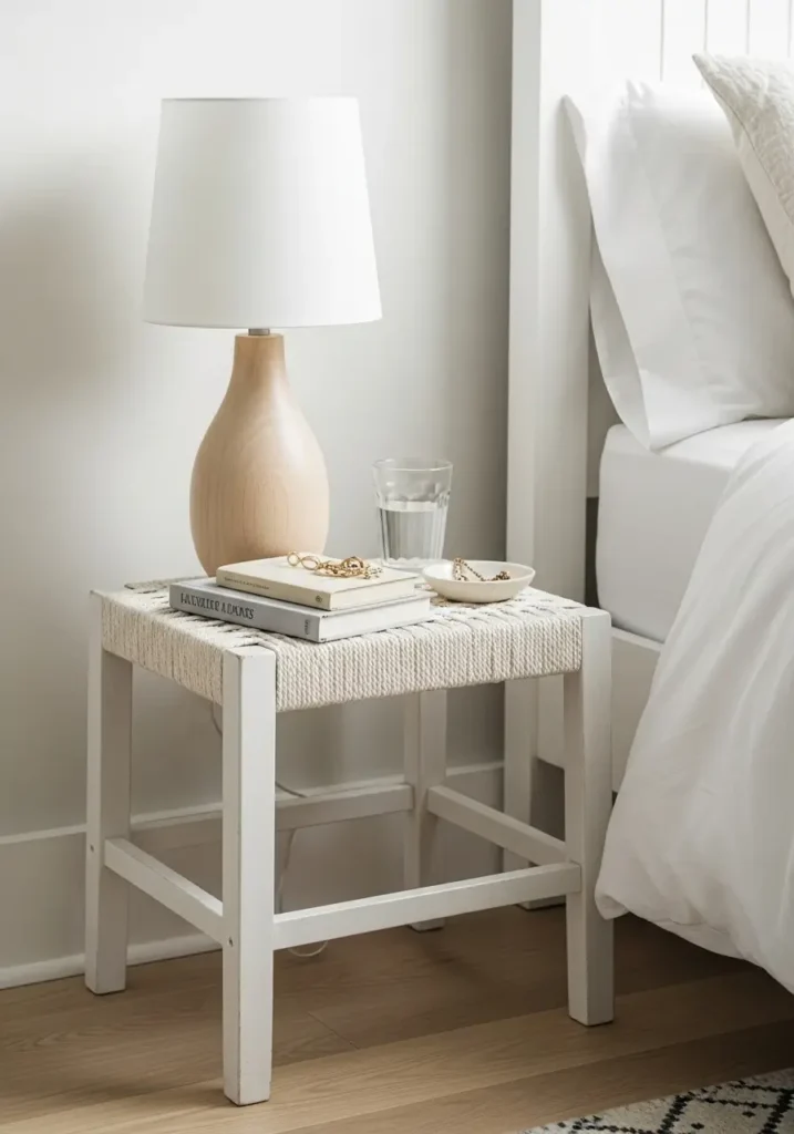 Soft minimal studio apartment bed corner with a small round wooden stool used as a bedside table, ivory bedding, cream ceramic lamp, beige wall, linen curtains, pale woven rug, calm feminine styling, simple cozy sleeping space, realistic natural light interior photo.