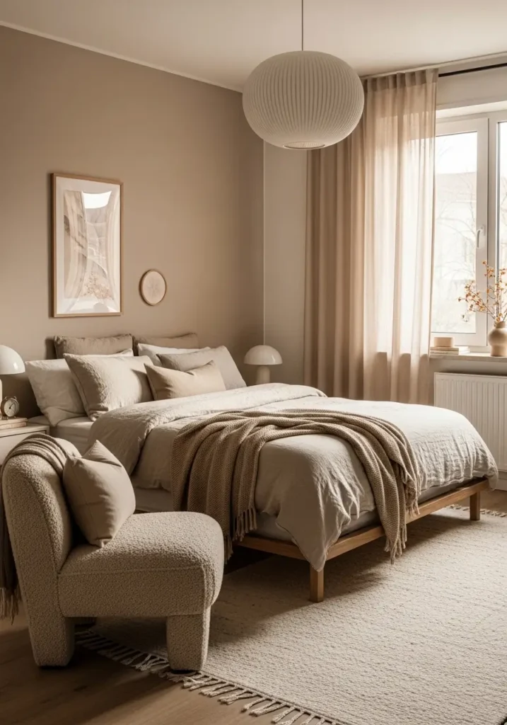 Minimalist studio apartment bedroom with layered beige textures, linen bedding, boucle accent chair, soft cream rug, warm sunlight through sheer curtains, tiny apartment layout, neutral feminine decor, Scandinavian inspired styling, low wooden bed frame, cozy soft atmosphere, natural textures, clean apartment bedroom setup, calm earthy color palette, modern small bedroom design, uncluttered surfaces, realistic interior photography, warm minimalist apartment mood, elegant tiny living space with soft fabrics and cozy details.

