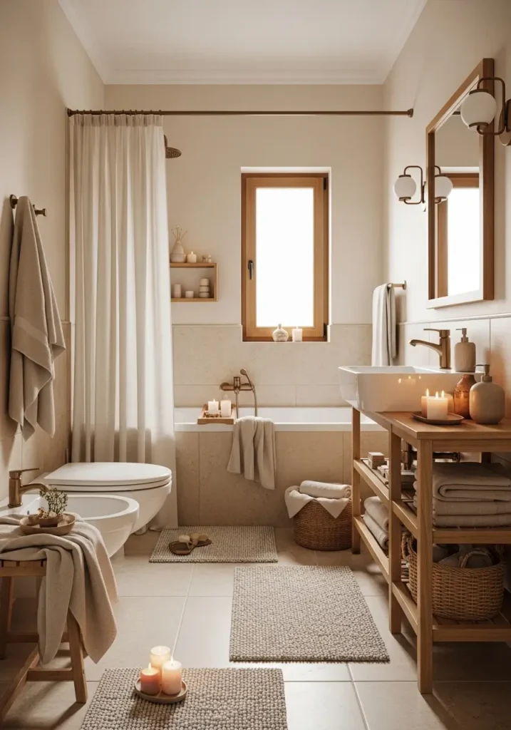 Elegant beige bathroom with creamy stone textures, warm wooden details, fluffy towels, soft candlelight, minimal decor, clean modern styling, cozy feminine atmosphere, airy apartment bathroom aesthetic, realistic interior photography, calm spa inspired mood, neutral palette with soft sunlight, uncluttered shelves, peaceful and relaxing bathroom interior

