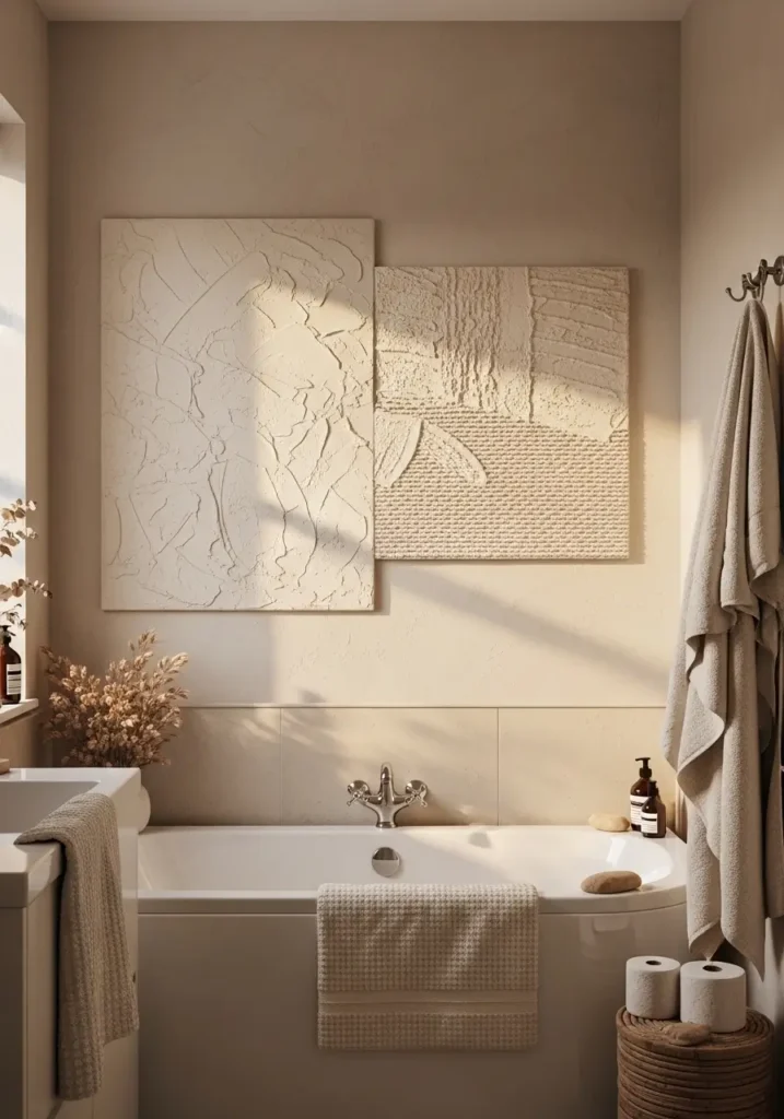 Modern apartment bathroom with large beige textured wall art above toilet area, creamy neutral walls, soft linen accents, warm wooden vanity, minimal feminine decor, natural daylight, subtle plaster texture artwork, cozy apartment bathroom styling, Scandinavian inspired interior, clean uncluttered design, matte ceramic decor pieces, soft warm shadows, realistic interior photography, calming spa atmosphere, airy balanced bathroom wall styling with elegant neutral tones

