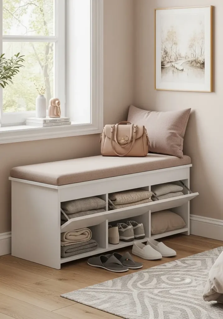 Cozy studio apartment entry area with a small upholstered storage bench in warm beige fabric, woven basket nearby, simple wall hooks, pale wood floor, cream wall, soft daylight, clean minimal feminine styling, practical clutter free small space mood, realistic interior photography.