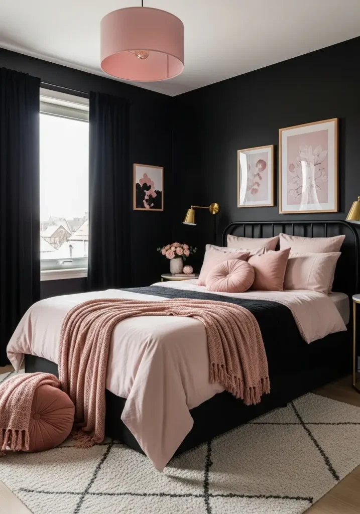  Clean minimal goth apartment bedroom with matte black feature wall, blush pink bedding, charcoal throw blanket, slim black bedside tables, warm gold lamps, soft cream rug, simple floral art, uncluttered cozy styling, feminine dark romantic apartment mood.