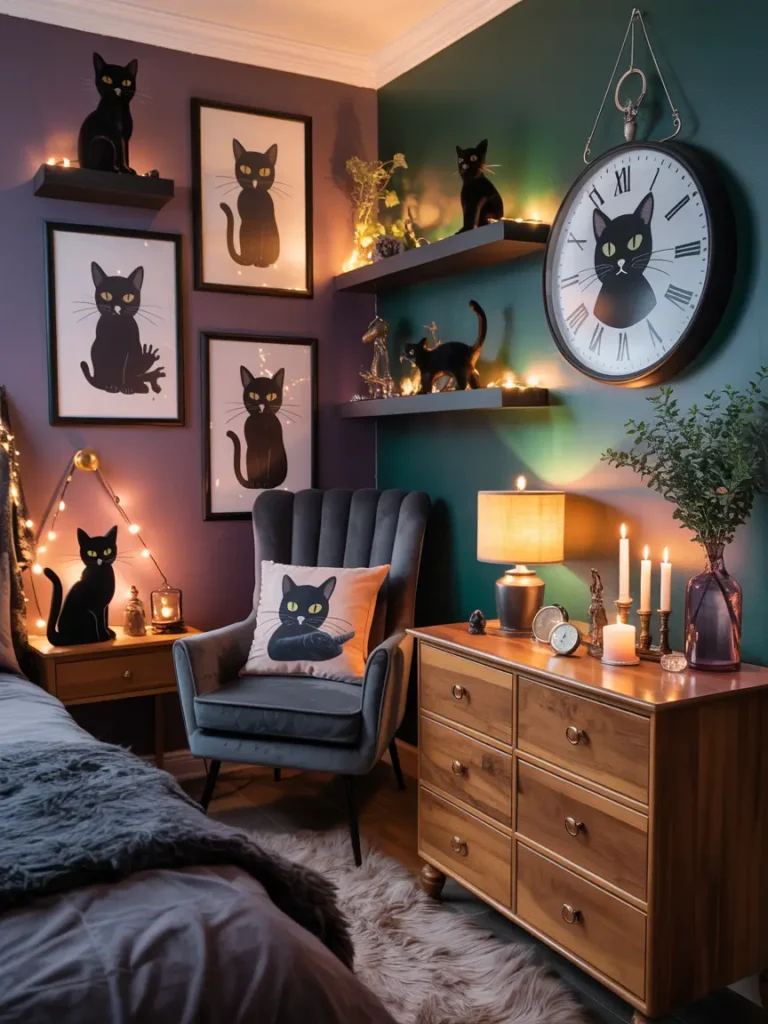 Black cat figurines or artwork, placed in small, subtle corners of the room or as wall prints, adding a playful and mystical vibe without overpowering the space.