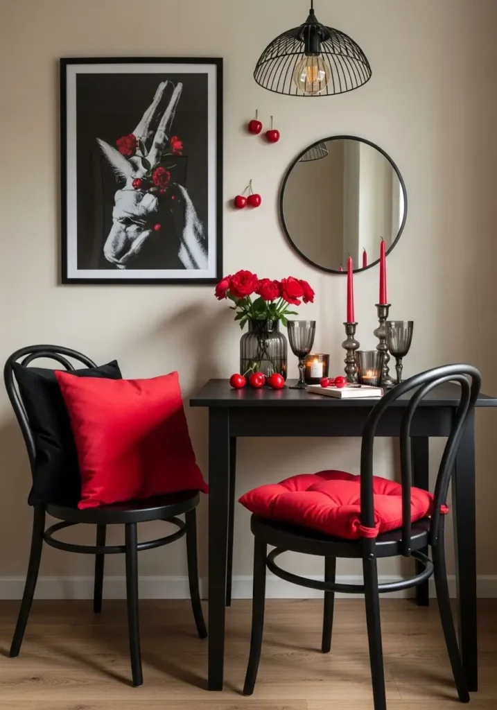 Minimal goth apartment dining nook with black walls, dark cherry red chairs, round black table, simple cream table runner, slim candle holders, smoky glass vase, warm overhead pendant light, clean composition, romantic dark color palette, cozy apartment styling.