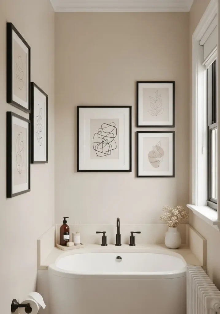 Small apartment bathroom with clean black framed artwork on white walls, modern minimal decor, soft beige towels, warm wood accents, matte black fixtures, feminine cozy styling, natural daylight, uncluttered apartment interior, Scandinavian inspired bathroom, elegant contrast styling, realistic interior photography, subtle shadows, calm modern atmosphere, balanced wall decor arrangement, airy and stylish apartment bathroom aesthetic

