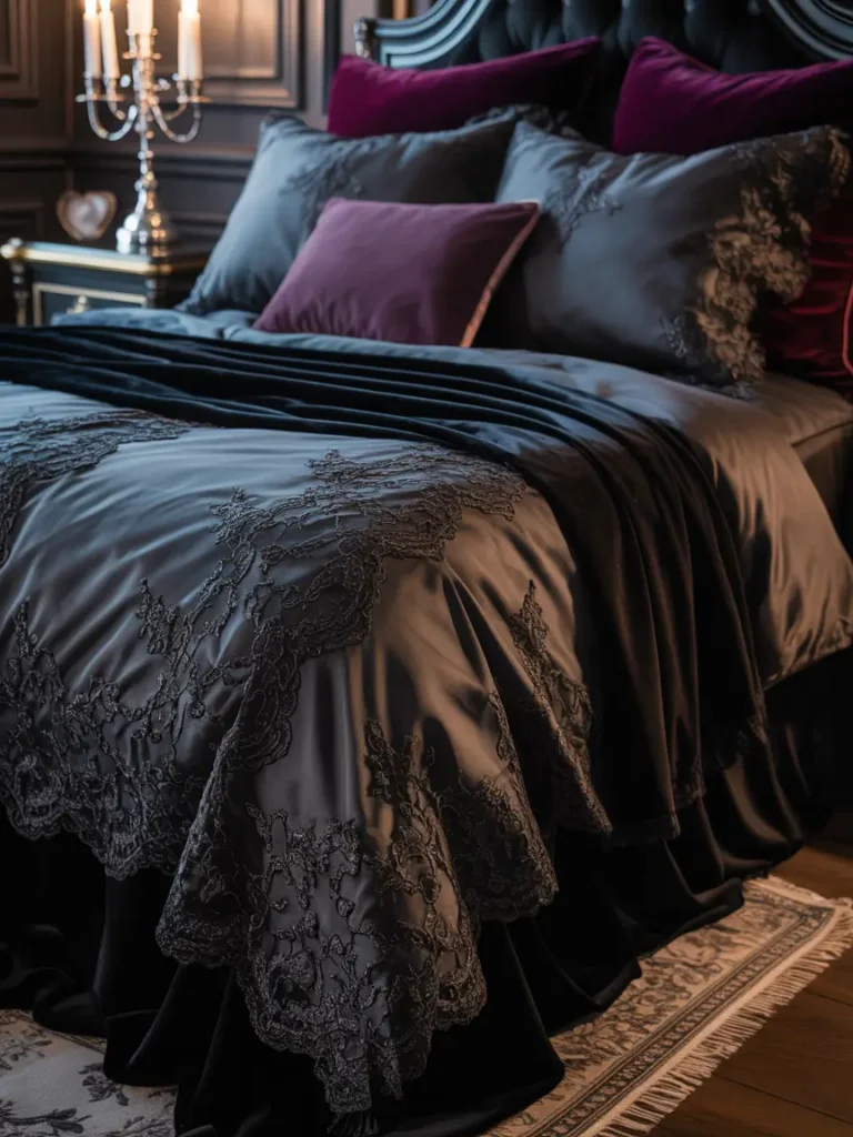Elegant black lace-edged bedding with dark floral patterns, softly laid out on a simple bedframe. Paired with matching dark throw pillows and a plush blanket for added coziness.