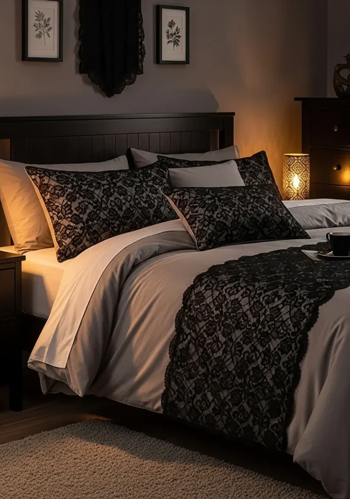 Clean romantic goth bedroom with black lace bedding layers, soft cotton sheets, dark velvet pillows, warm candlelight, simple charcoal walls, vintage bedside table, feminine gothic details, cozy minimal layout, realistic fabric textures, intimate dark bedroom styling for couples


