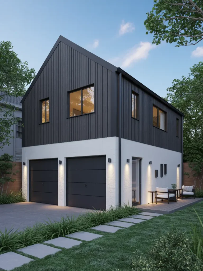 Detached garage apartment with black and white modern exterior, compact backyard setting, matte black garage doors, crisp white walls, clean landscaping, modern windows, minimalist pathway, stylish outdoor seating area, warm evening lighting, elegant small-space architecture, realistic luxury home photography, compact but sophisticated design, soft shadows, modern backyard inspiration