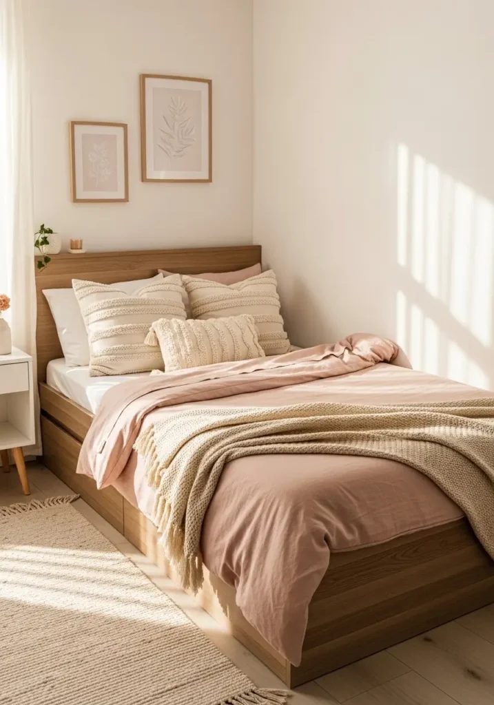 Small post grad apartment bedroom with soft blush pink bedding, cream textured pillows, warm white walls, compact wooden bed frame, cozy morning sunlight, minimal feminine decor, clean apartment styling, tiny bedside table, soft woven rug, delicate framed art, airy neutral color palette, cozy layered textures, calm relaxing bedroom atmosphere with modern minimal furniture and soft natural shadows


