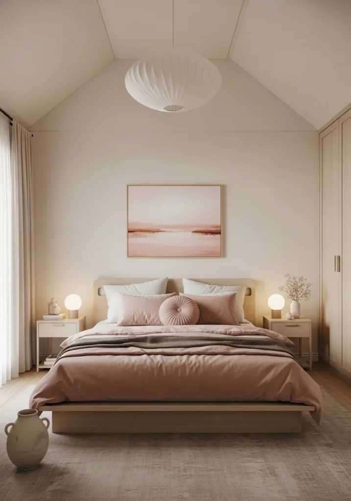 Clean minimal small modern bedroom with vaulted ceiling painted soft warm white, muted blush bedding, light oak bed frame, cream rug, slim bedside lamps, sheer curtains, tiny ceramic vase, soft natural light, cozy feminine styling, uncluttered modern decor, peaceful bedroom mood, realistic interior photo.