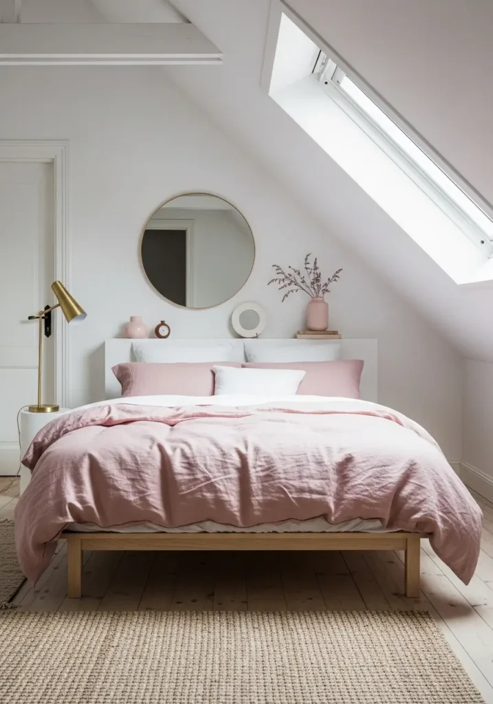 Small attic bedroom with blush linen bedding, soft white walls, low cream upholstered bed, delicate gold bedside lamp, pale wooden shelf, cozy woven rug, sloped ceiling, small round mirror, minimal decor, warm natural light, feminine apartment bedroom style, calm clean look with soft romantic touches.