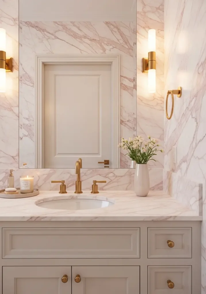 Clean minimal luxury feminine bathroom with soft blush marble walls, creamy white vanity, brushed gold faucet, round romantic mirror, pale pink hand towels, clear glass vase with soft roses, warm wall lighting, uncluttered counter, smooth stone floor, calm modern decor, airy spa mood, realistic interior styling.