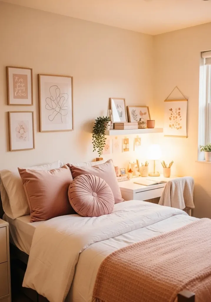 Cute dorm apartment bedroom with blush pink pillows, soft cream bedding, minimal wall art, cozy warm lighting, tiny desk setup, feminine apartment styling, clean modern decor, realistic interior photography, calm pastel color palette, soft textures, aesthetic college dorm room, uncluttered layout, small cozy bedroom atmosphere, blush accents mixed with beige tones, peaceful evening lighting, stylish budget dorm decor with elegant feminine touches

