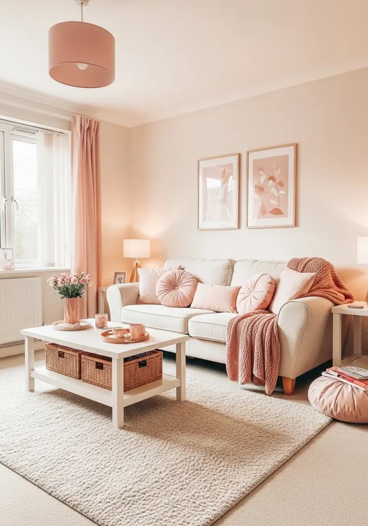 Soft blush pink college apartment living room with cream sofa, blush velvet pillows, cozy knit blankets, white coffee table, warm natural sunlight, feminine minimal decor, airy apartment styling, clean shelves with candles and books, soft pink wall art, fluffy textured rug, calm cozy atmosphere, realistic interior photography, modern student apartment vibe, minimal clutter, elegant and peaceful mood

