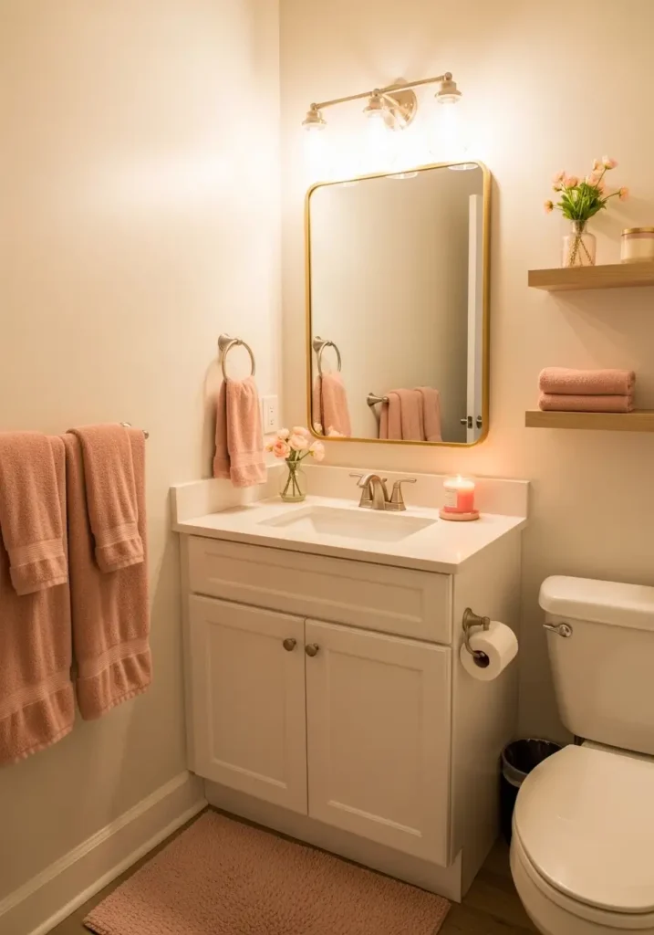 Tiny apartment bathroom with blush pink hand towels, pale pink bath mat, white vanity, gold framed mirror, soft cream walls, warm apartment lighting, minimal feminine decor, small candle beside sink, clean countertop styling, modern cozy bathroom design, realistic apartment interior photography, simple floral arrangement, subtle pink accents, uncluttered tiny bathroom setup, calming textures, soft shadows, light wood shelves, stylish renter friendly bathroom makeover inspiration with airy feminine mood