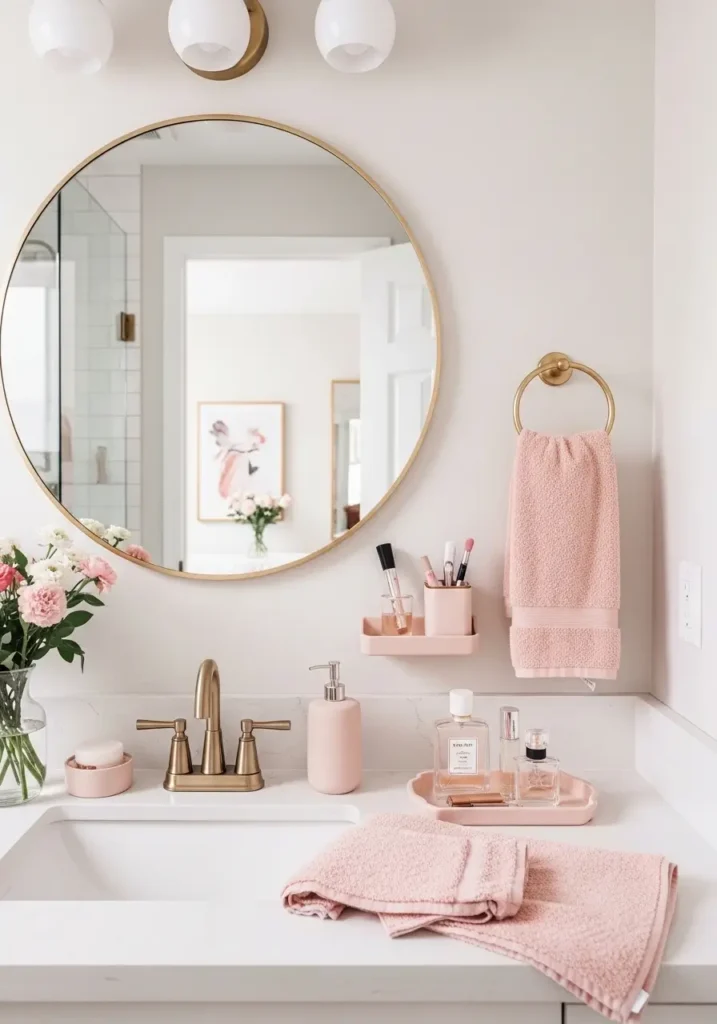 Soft blush pink bathroom vanity with clean white countertop, warm golden faucet, fluffy hand towels, round mirror with soft lighting, small glass vase with white flowers, minimal skincare bottles arranged neatly on a tray, creamy neutral walls, cozy feminine atmosphere, subtle sunlight entering through sheer curtains, clean minimal styling, elegant modern apartment bathroom, calm and airy mood, soft textures, realistic interior photography, warm shadows, organized and peaceful bathroom decor aesthetic

