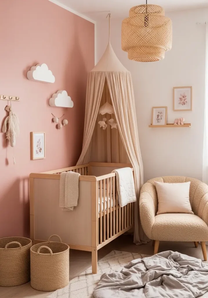 Small apartment baby nursery with blush pink accent wall, compact natural wood crib, floating cloud shelves, soft cream canopy draped above crib, cozy boucle chair, minimal nursery styling, warm apartment lighting, woven storage bins, light neutral bedding, tiny framed floral prints, Scandinavian feminine decor, clean layout, realistic textures, airy atmosphere, calm cozy mood, soft shadows, uncluttered nursery corner, elegant baby room styling, delicate modern apartment nursery aesthetic