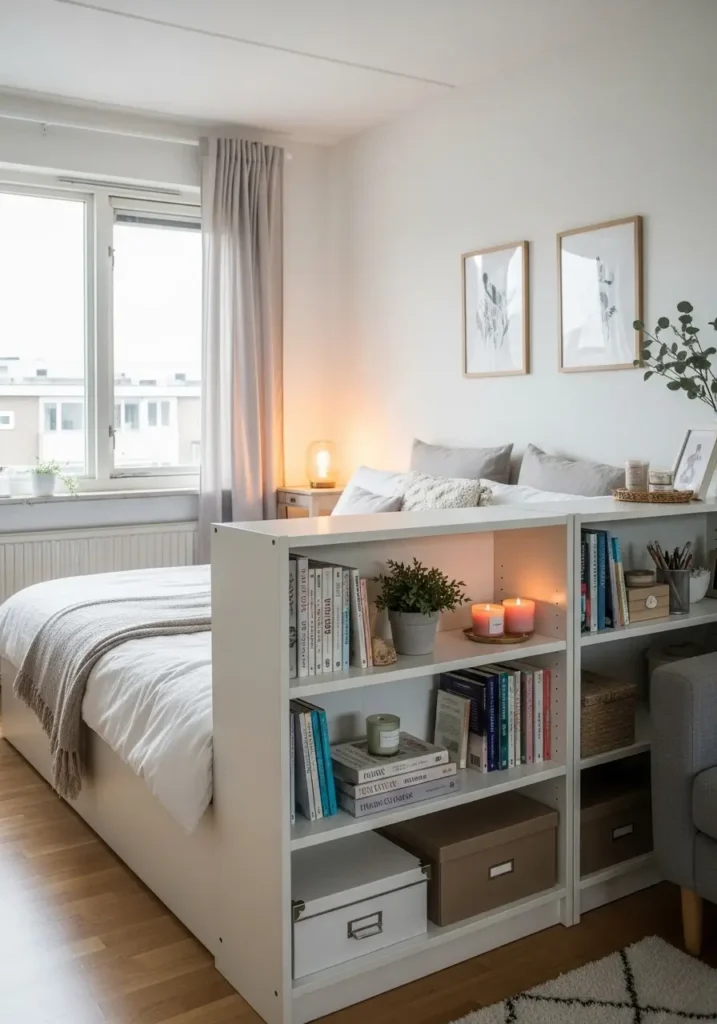 Clean minimal micro studio apartment with a low bookcase beside a bed creating a cozy room divider, cream walls, neutral books, small plants, soft bedding, pale wood tones, warm lamp light, tidy feminine styling, minimal cozy city apartment layout.