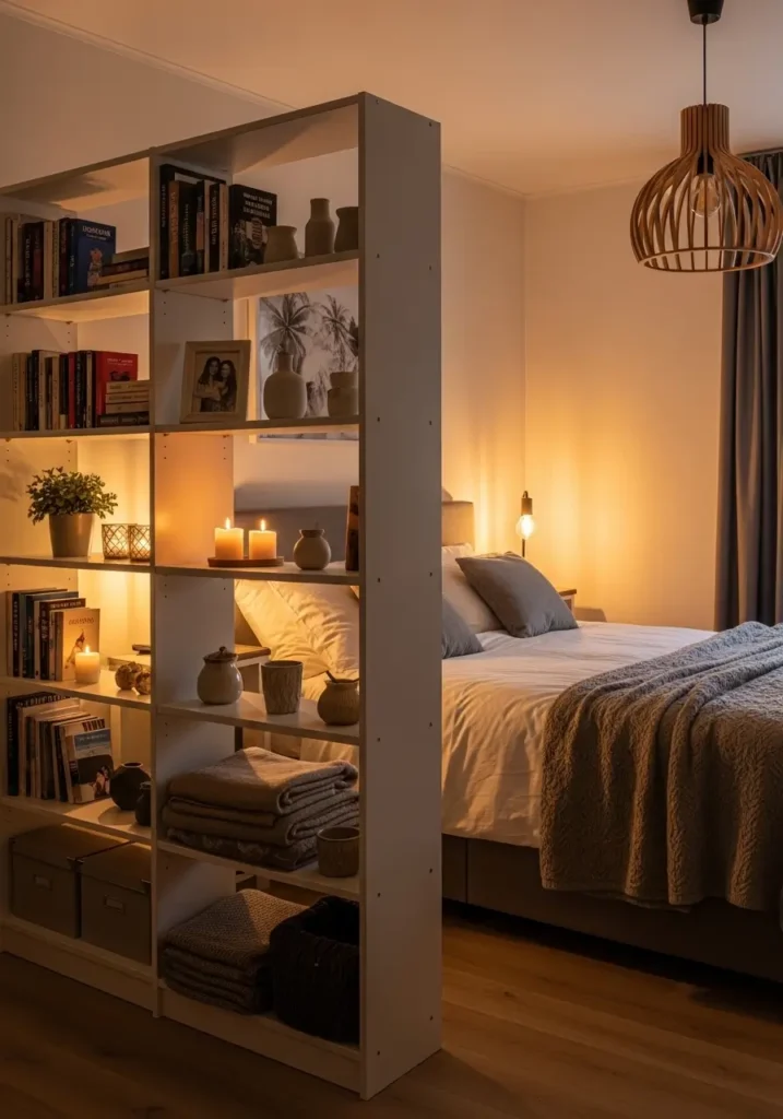 Small studio apartment with tall cozy bookcase divider separating bed and lounge area, warm cream and beige palette, stacked books, candles, soft lighting, layered bedding, cozy feminine apartment decor, light oak furniture, realistic minimal interior photography, Scandinavian inspired apartment styling, textured rugs, peaceful warm atmosphere, airy layout, organized shelves, modern couple apartment with clean cozy aesthetic

