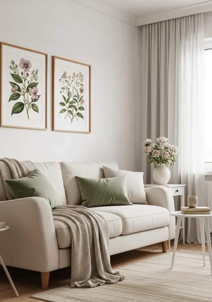 Clean minimal grandma core living room with botanical wall prints in warm wooden frames, cream sofa, sage green cushions, small vintage side table, beige rug, sheer curtains, ceramic flower vase, soft natural light, calm feminine vintage styling, tidy cozy room with gentle old cottage feeling.