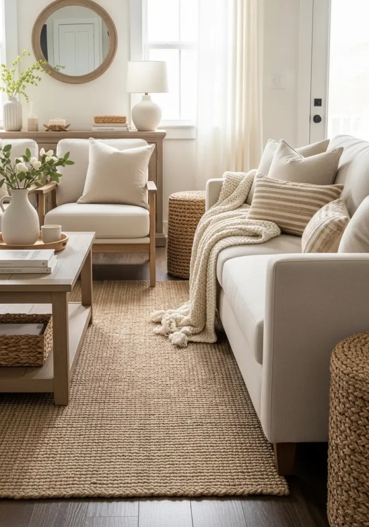 Bright modern farmhouse living room with braided natural fiber rug, soft cream sectional sofa, rustic oak coffee table, woven baskets, linen curtains, warm sunlight through large black framed windows, neutral layered pillows, airy farmhouse decor, minimal styling, calm feminine atmosphere, realistic interior photography, balanced earthy textures, uncluttered cozy room with soft natural tones and inviting warmth

