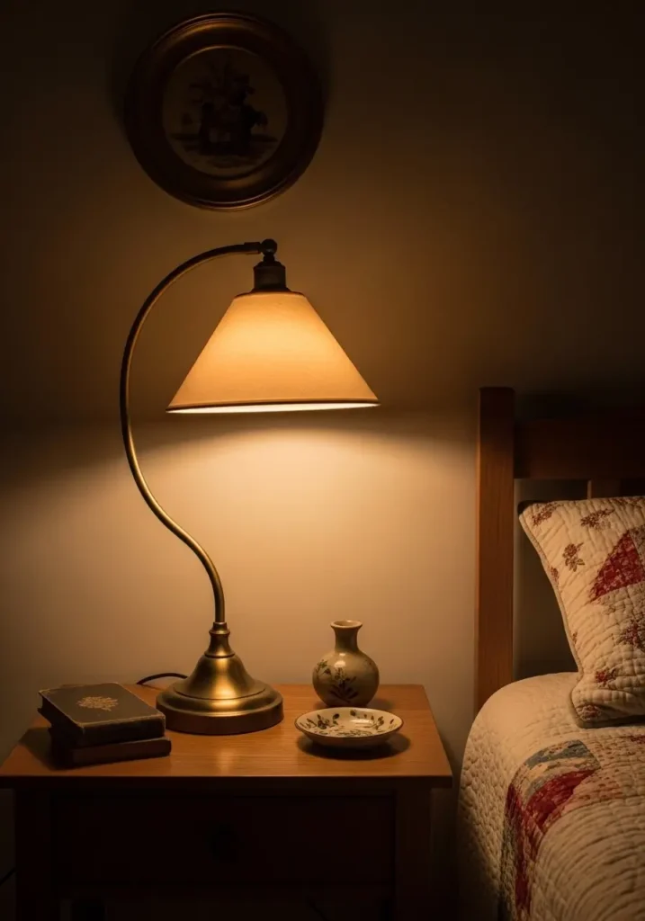 Clean minimal vintage Americana bedroom with soft cream bedding, antique brass lamp on a wooden nightstand, faded blue pillow, small framed country print, white curtains, warm wooden floor, woven rug, gentle evening light, cozy feminine mood, simple antique styling.