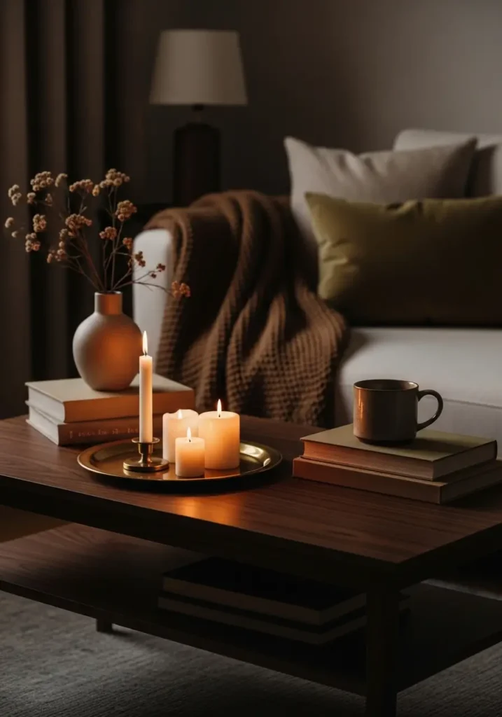 Dark academia apartment coffee table with antique brass tray, small ivory candles, old hardcover books, warm ceramic mug, dark walnut table, soft cream sofa, brown knit blanket, muted olive accents, cozy feminine styling, warm amber lighting, realistic textures, minimal moody apartment decor, elegant calm corner with vintage charm, soft shadows, peaceful evening atmosphere, clean visual layout with warm old library feeling

