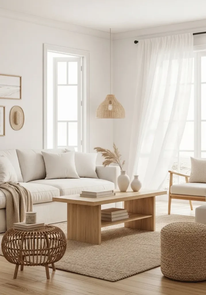 Bright coastal living room with soft white walls, creamy linen sofa, woven rattan decor, light oak coffee table, sheer curtains flowing near open windows, sandy neutral rug, minimal beach house styling, airy feminine interior, natural sunlight, cozy layered textures, subtle ocean inspired accents, calm and peaceful seaside atmosphere, elegant modern coastal decor with clean simple styling


